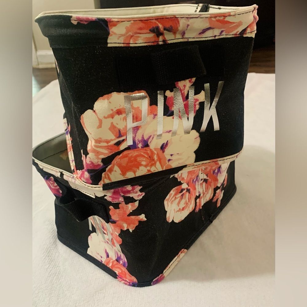PINK VS HTF VINTAGE BLACK FLORAL STORAGE BIN TRUNK SET OF 2